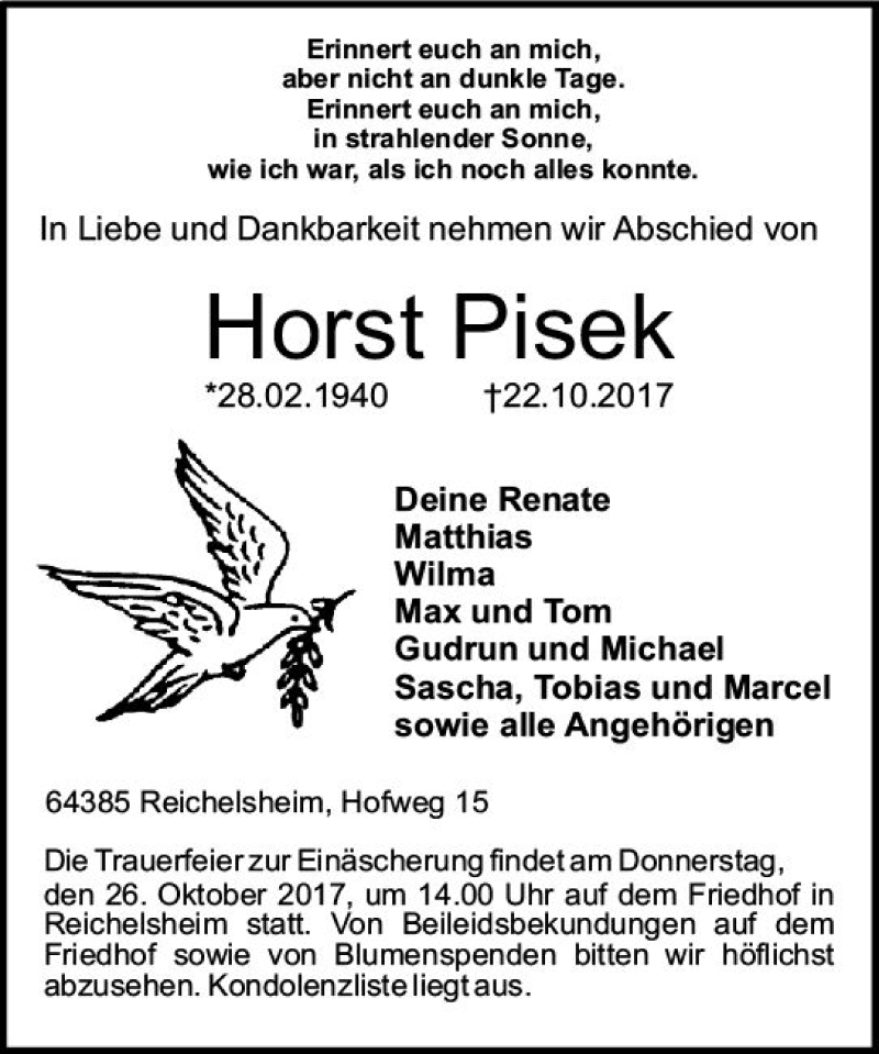  Traueranzeige für Horst Pisek vom 24.10.2017 aus Trauerportal Echo Online