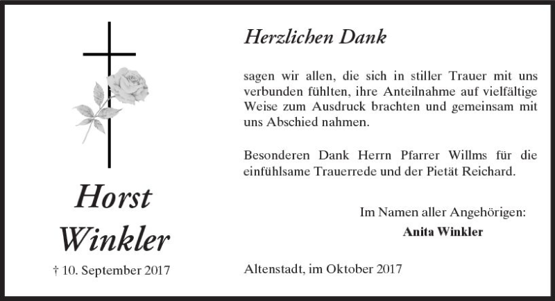  Traueranzeige für Horst Winkler vom 14.10.2017 aus  Kreisanzeiger