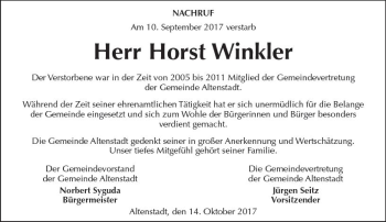 Traueranzeige von Horst Winkler von  Kreisanzeiger
