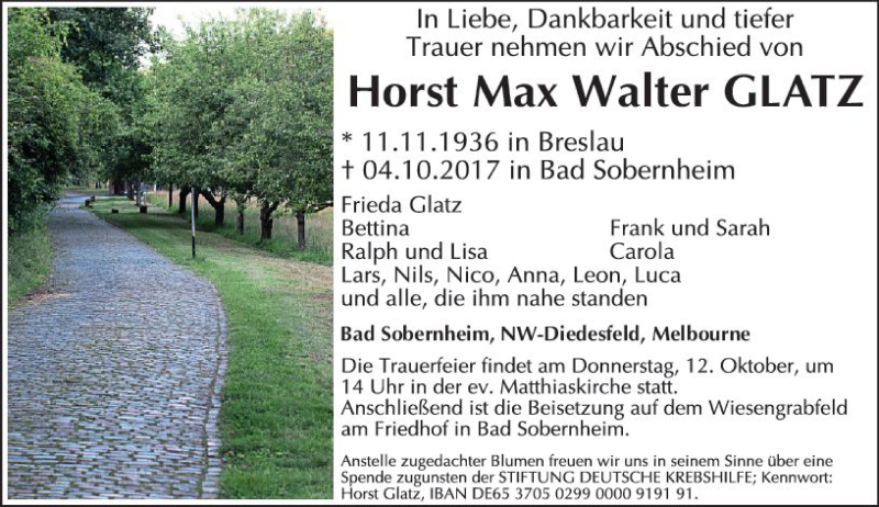  Traueranzeige für Horst Max Walter Glatz vom 09.10.2017 aus Trauerportal Rhein Main Presse