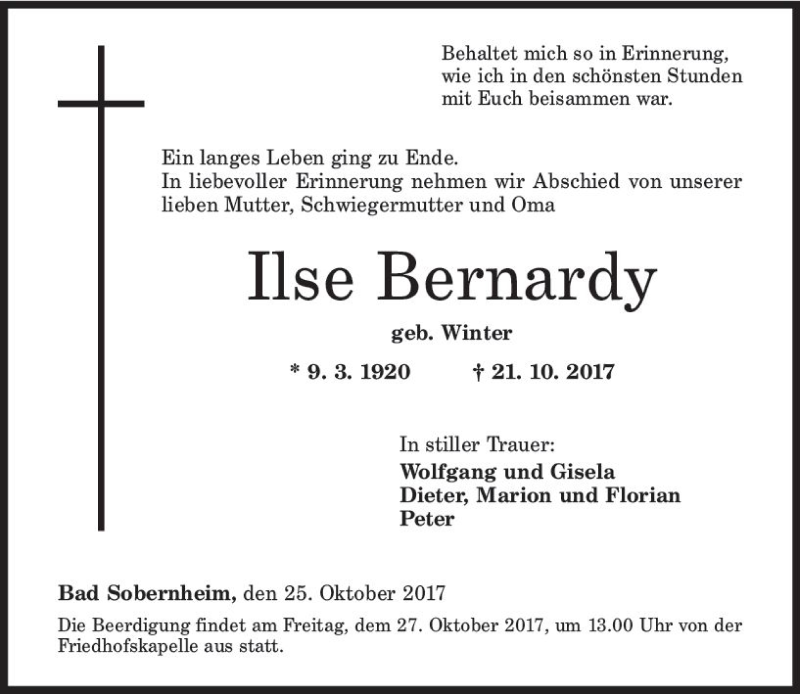  Traueranzeige für Ilse Bernardy vom 25.10.2017 aus Trauerportal Rhein Main Presse