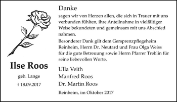 Traueranzeige von Ilse Roos von Trauerportal Echo Online