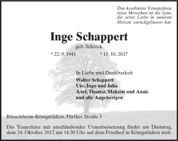 Traueranzeige von Inge Schappert von Trauerportal Rhein Main Presse