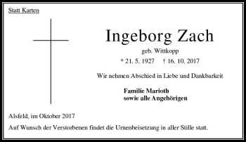 Traueranzeige von Ingeborg Zach von VRM Trauer