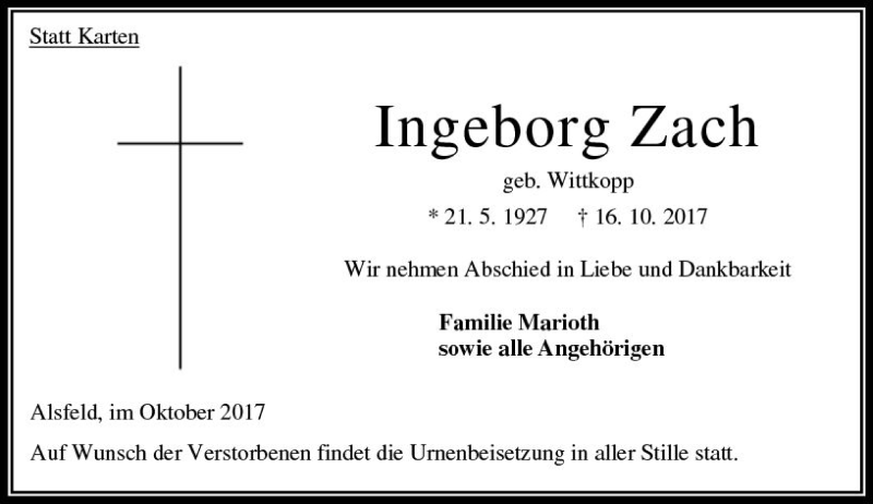  Traueranzeige für Ingeborg Zach vom 21.10.2017 aus VRM Trauer