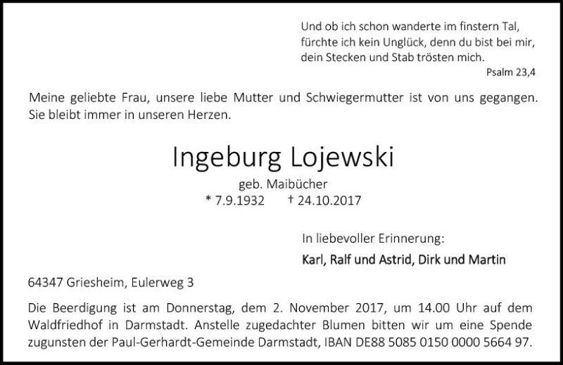  Traueranzeige für Ingeburg Lojewski vom 28.10.2017 aus Trauerportal Echo Online