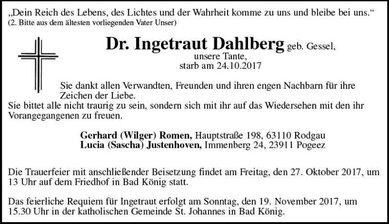  Traueranzeige für Ingetraut Dahlberg vom 26.10.2017 aus Trauerportal Echo Online