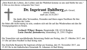 Traueranzeige von Ingetraut Dahlberg von Trauerportal Echo Online
