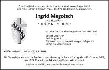 Traueranzeige von Ingrid Magotsch von  Gießener Anzeiger