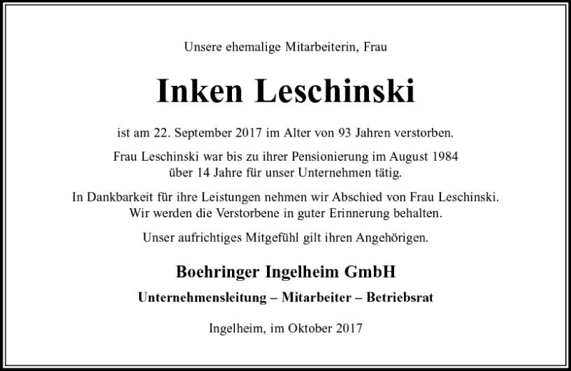  Traueranzeige für Inken Leschinski vom 20.10.2017 aus Trauerportal Rhein Main Presse