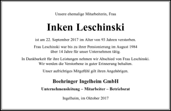 Traueranzeige von Inken Leschinski von Trauerportal Rhein Main Presse