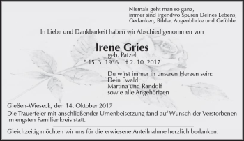 Traueranzeige von Irene Gries von  Gießener Anzeiger