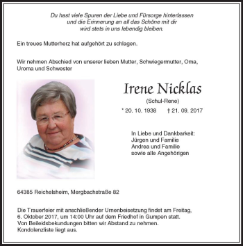 Traueranzeige von Irene Nicklas von Trauerportal Echo Online