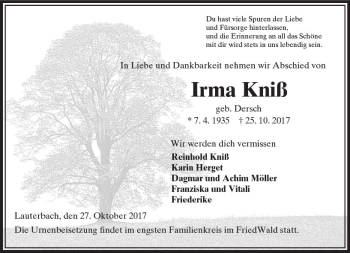 Traueranzeige von Irma Kniß von VRM Trauer