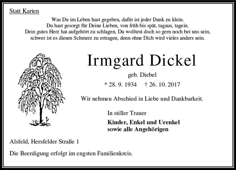  Traueranzeige für Irmgard Dickel vom 28.10.2017 aus VRM Trauer