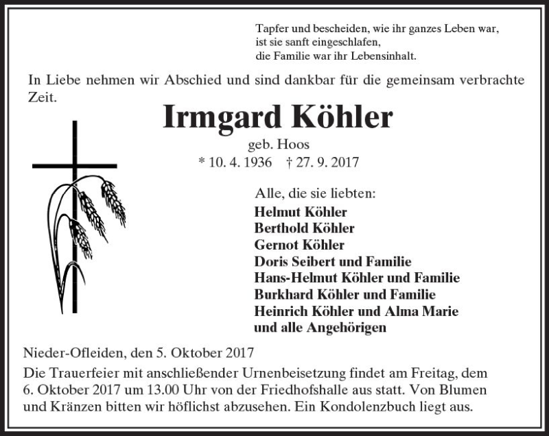  Traueranzeige für Irmgard Köhler vom 05.10.2017 aus VRM Trauer