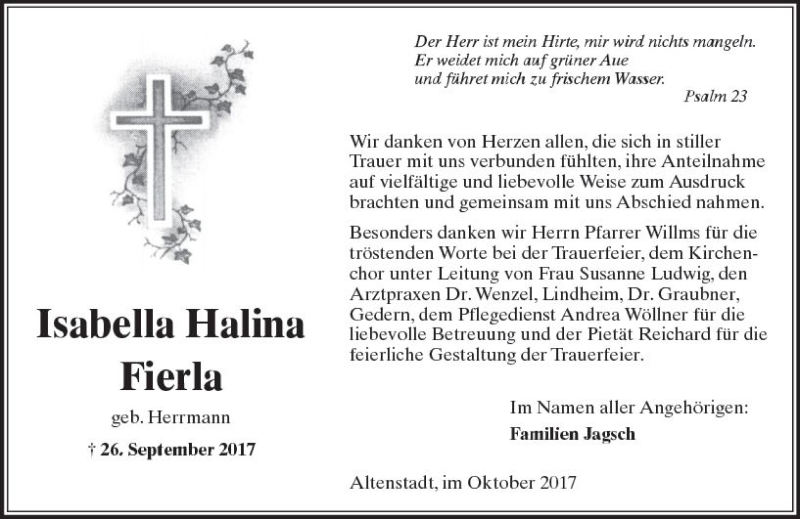  Traueranzeige für Isabella Halina Fierla vom 14.10.2017 aus  Kreisanzeiger