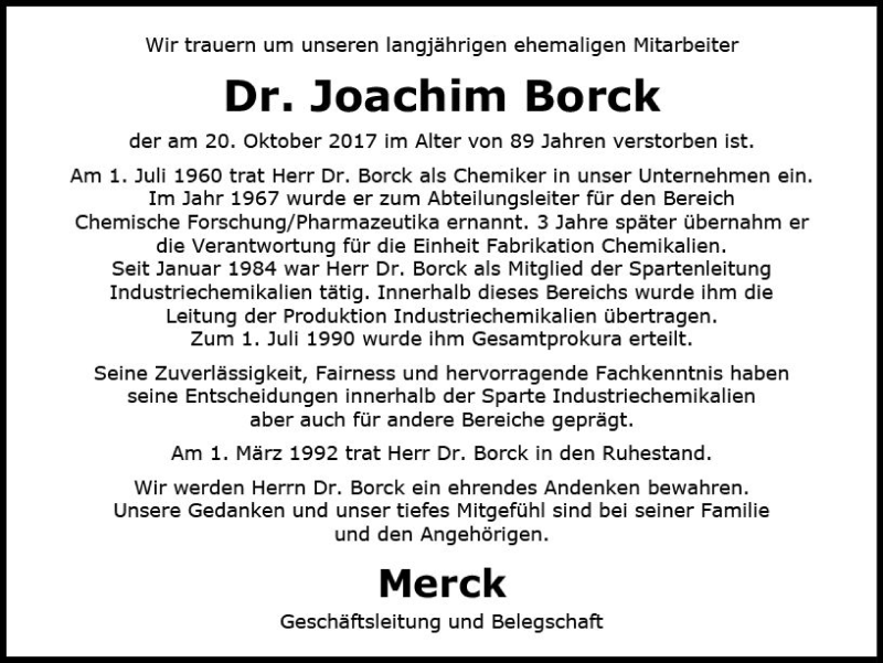  Traueranzeige für Joachim Borck vom 28.10.2017 aus Trauerportal Echo Online