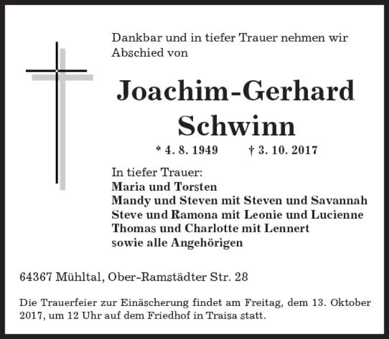  Traueranzeige für Joachim-Gerhard Schwinn vom 07.10.2017 aus Trauerportal Echo Online