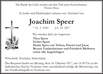 Traueranzeige von Joachim Speer von Trauerportal Rhein Main Presse