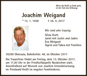 Traueranzeige von Joachim Weigand von VRM Trauer