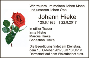 Traueranzeige von Johann Hieke von Trauerportal Echo Online