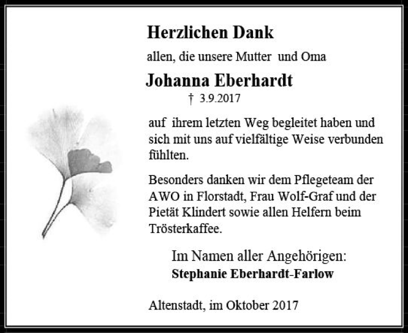  Traueranzeige für Johanna Eberhardt vom 07.10.2017 aus  Kreisanzeiger