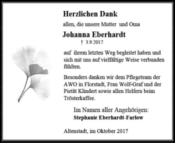 Traueranzeige von Johanna Eberhardt von  Kreisanzeiger