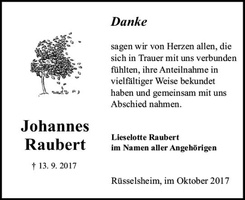  Traueranzeige für Johannes Raubert vom 14.10.2017 aus Trauerportal Rhein Main Presse