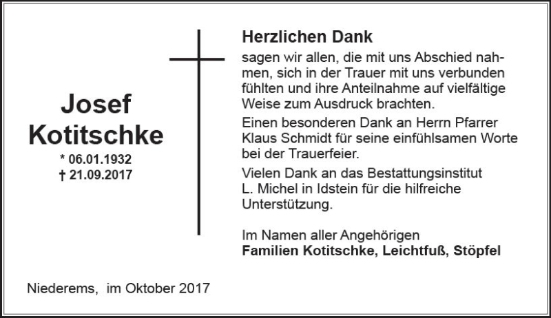  Traueranzeige für Josef Kotitschke vom 28.10.2017 aus Trauerportal Rhein Main Presse