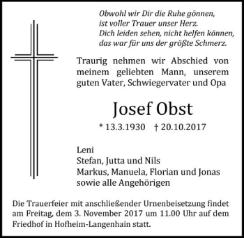 Traueranzeige von Josef Obst von Trauerportal Rhein Main Presse