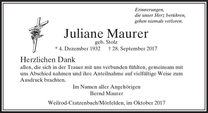  Traueranzeige für Juliane Maurer vom 21.10.2017 aus  Usinger Anzeiger