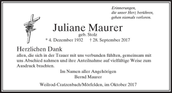 Traueranzeige von Juliane Maurer von  Camberger Anzeiger