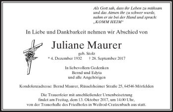 Traueranzeige von Juliane Maurer von  Usinger Anzeiger