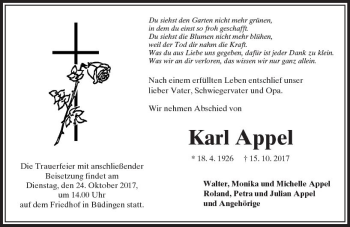 Traueranzeige von Karl Appel von  Kreisanzeiger