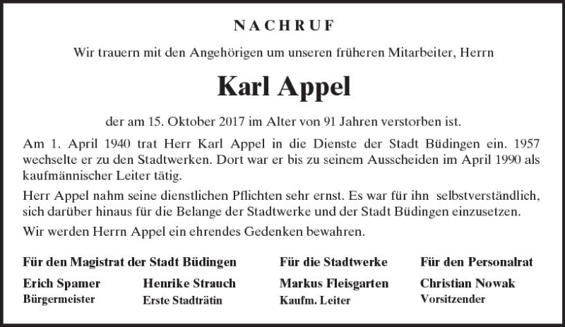  Traueranzeige für Karl Appel vom 28.10.2017 aus  Kreisanzeiger
