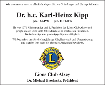 Traueranzeige von Karl-Heinz Kipp von Trauerportal Rhein Main Presse