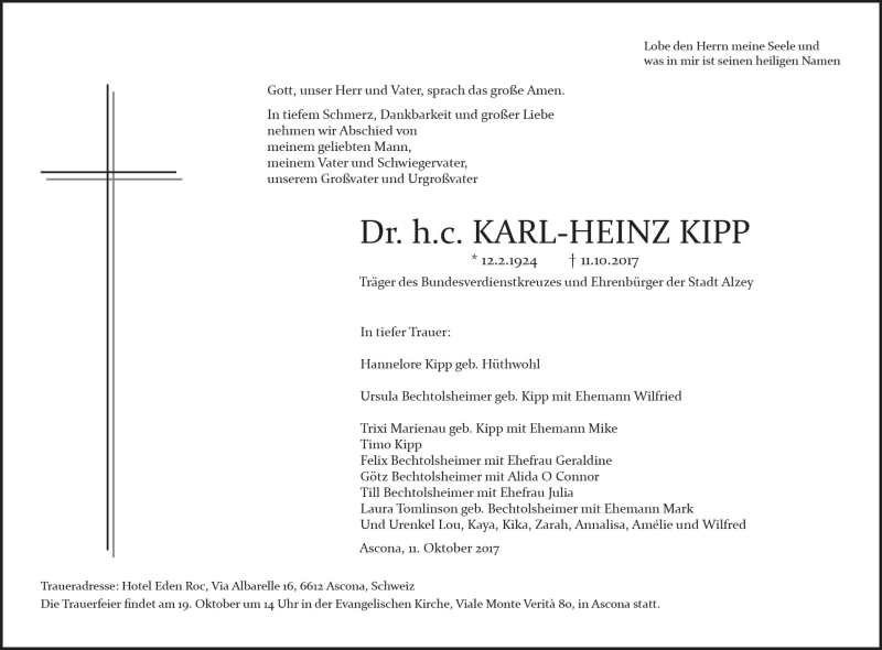  Traueranzeige für Karl-Heinz Kipp vom 14.10.2017 aus Trauerportal Rhein Main Presse