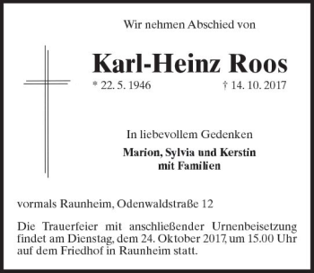 Traueranzeige von Karl-Heinz Roos von Trauerportal Rhein Main Presse