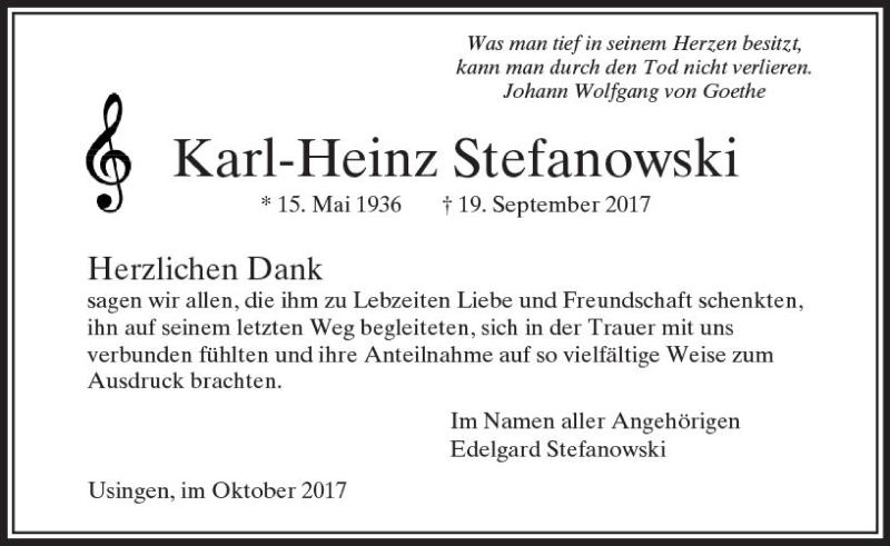  Traueranzeige für Karl-Heinz Stefanowski vom 14.10.2017 aus  Usinger Anzeiger