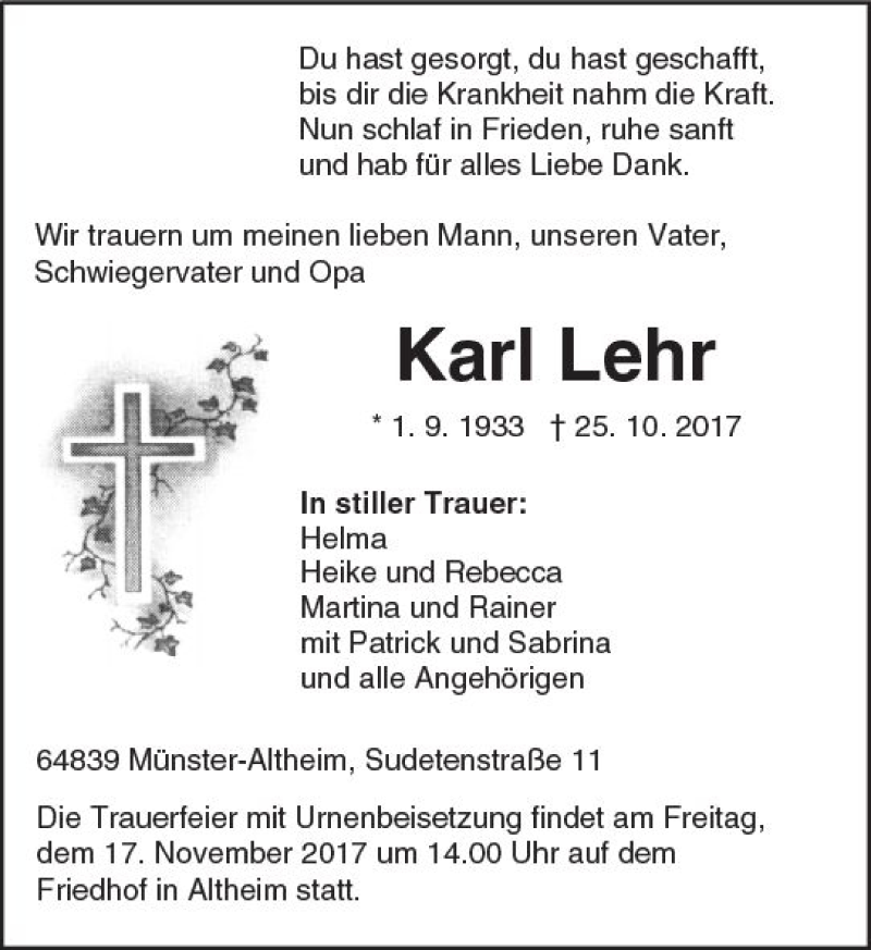  Traueranzeige für Karl Lehr vom 28.10.2017 aus Trauerportal Echo Online
