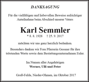 Traueranzeige von Karl Semmler von VRM Trauer