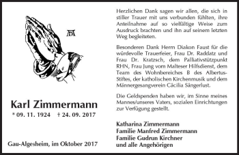 Traueranzeige von Karl Zimmermann von Trauerportal Rhein Main Presse