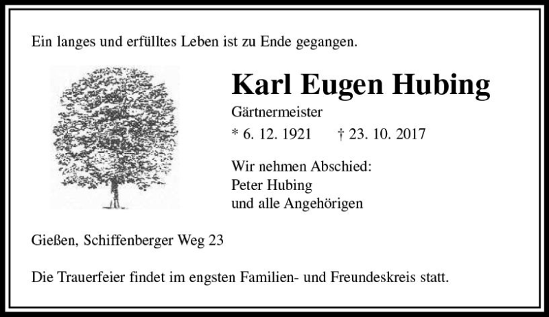  Traueranzeige für Karl Eugen Hubing vom 27.10.2017 aus  Gießener Anzeiger