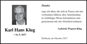 Traueranzeige von Karl Hans Klug von Trauerportal Rhein Main Presse
