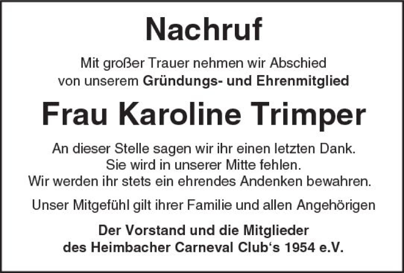 Traueranzeige für Karoline Trimper vom 07.10.2017 aus Trauerportal Rhein Main Presse