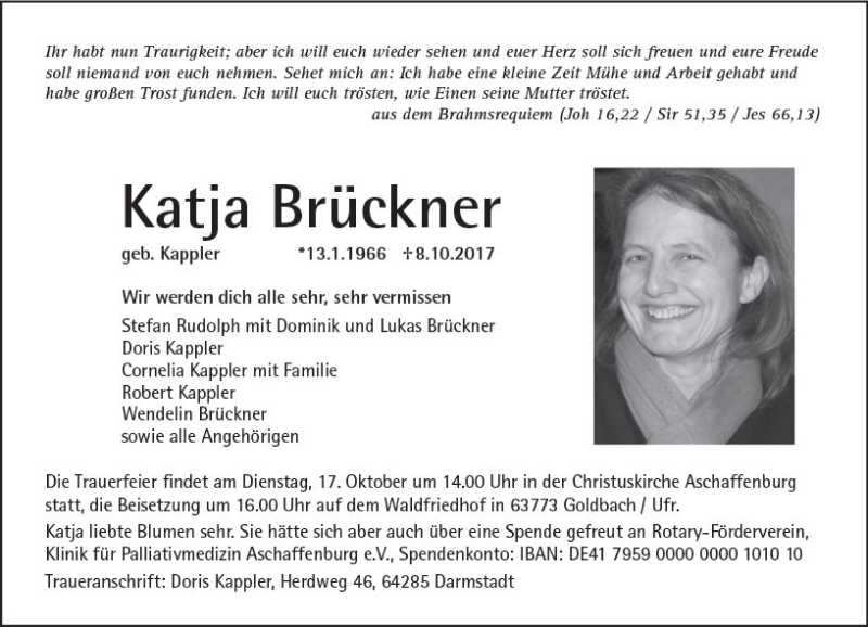  Traueranzeige für Katja Brückner vom 14.10.2017 aus Trauerportal Echo Online