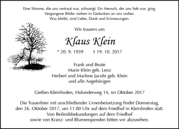 Traueranzeige von Klaus Klein von  Gießener Anzeiger