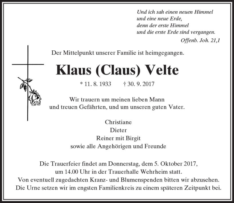  Traueranzeige für Klaus Velte vom 04.10.2017 aus  Usinger Anzeiger