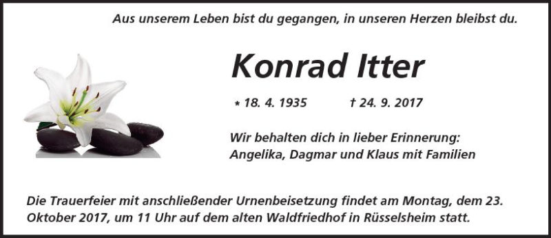  Traueranzeige für Konrad Itter vom 18.10.2017 aus Trauerportal Rhein Main Presse